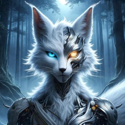 The primary subject of the image is a white and blue cat with a mechanical or robotic appearance. The cat is wearing a silver outfit and has a mechanical face, giving it a futuristic and unique look. The setting is a forest, with trees visible in the background. The visual style of the image is a combination of digital art and illustration, creating a striking and imaginative scene. The dominant colors in the image are silver, blue, and white, giving the cat a sleek and modern appearance.